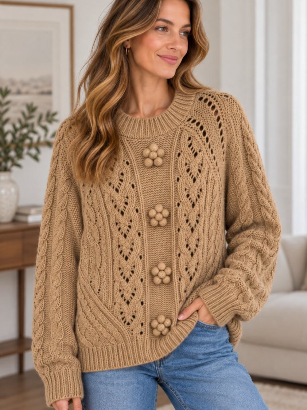 J.Crew Womens L Alpaca Wool Cable Knit Fisherman Camel Grandpa Chunky 1487